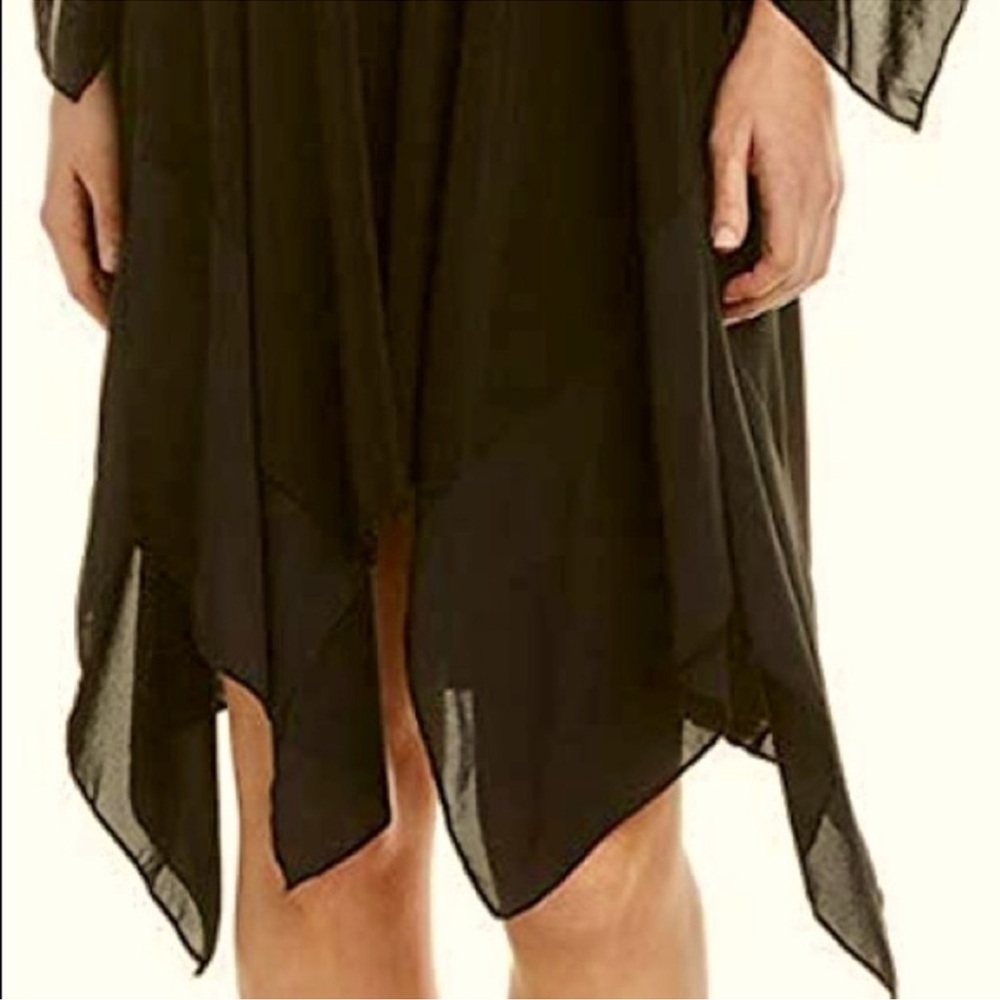 BCBG Max Azria Black Embroidered Caftan Dress Handkerchief Hem Kimono Sleeve - Picture 3 of 12